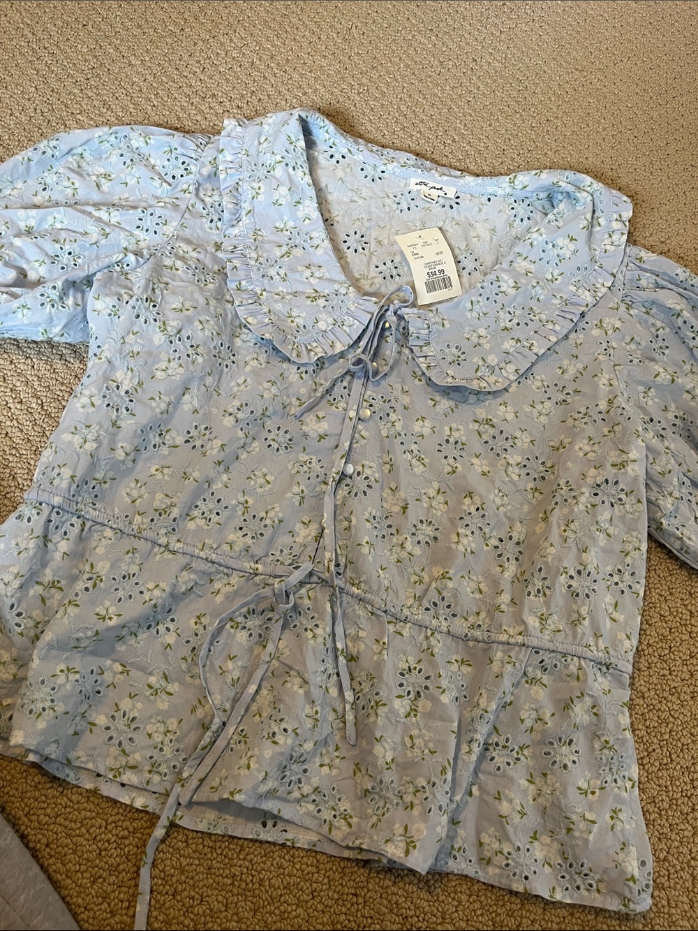 NWT Ultra Pink Eyelet Top Light Blue Floral Tie-Front Peplum Top XL
